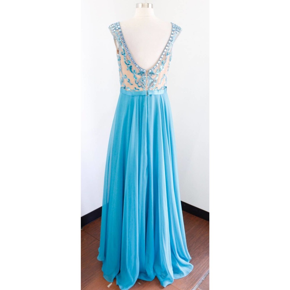Sherri Hill Turquoise Blue Nude Mesh Beaded Prom Formal Dress Gown Size 12 - Picture 11 of 12